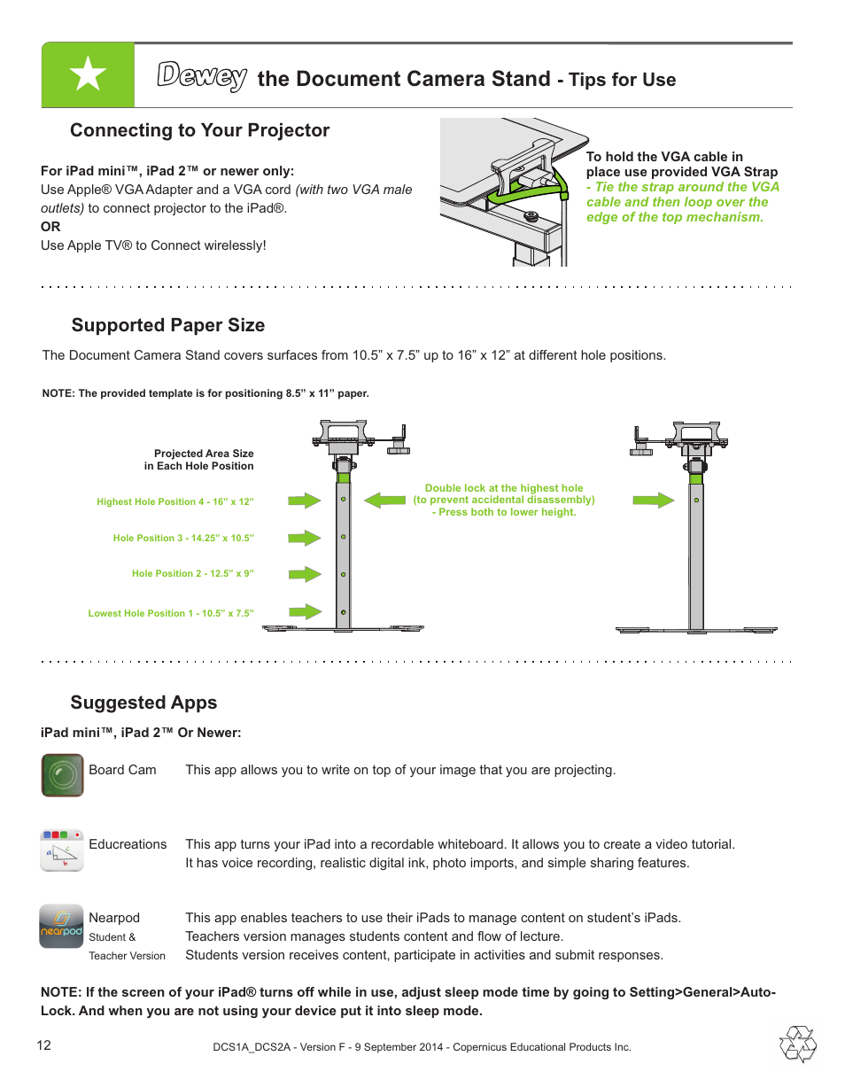 The document camera stand, Tips for use, Suggested apps | Connecting to your projector, Supported paper size | Copernicus DCS2A User Manual | Page 12 / 14