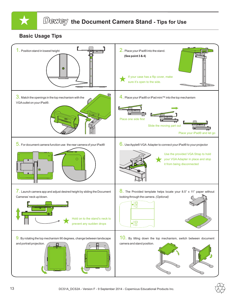 The document camera stand, Tips for use basic usage tips 1, Position stand in lowest height | Place your ipad® into the stand. (see point 3 & 4) | Copernicus DCS2A User Manual | Page 13 / 14