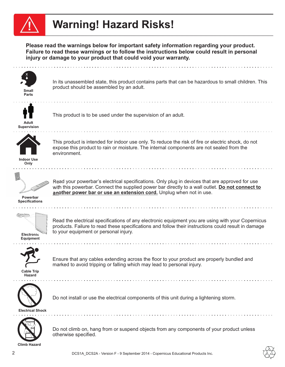 Warning! hazard risks | Copernicus DCS2A User Manual | Page 2 / 14