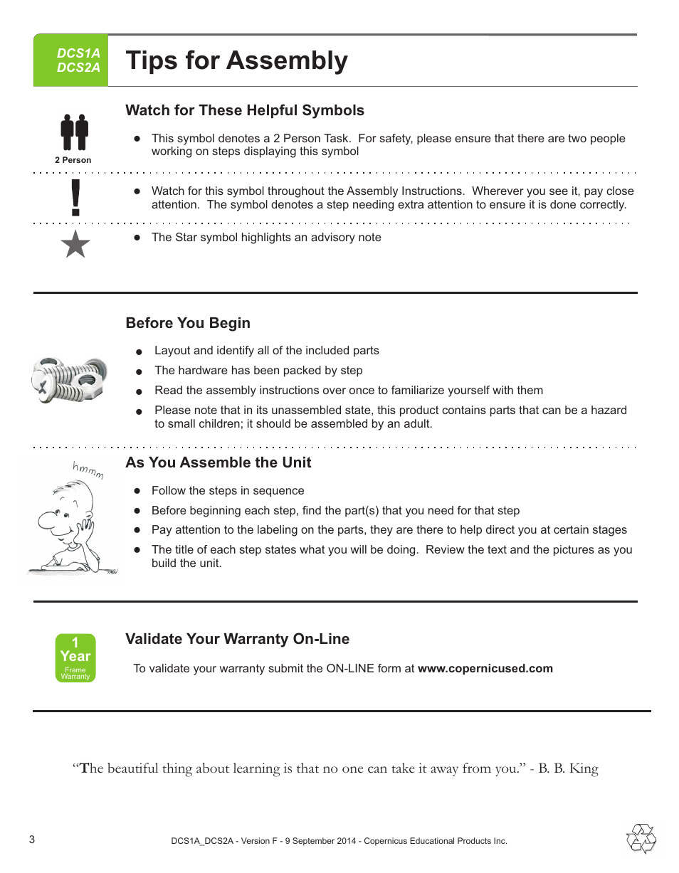 Tips for assembly, Validate your warranty on-line, 1year | Copernicus DCS2A User Manual | Page 3 / 14
