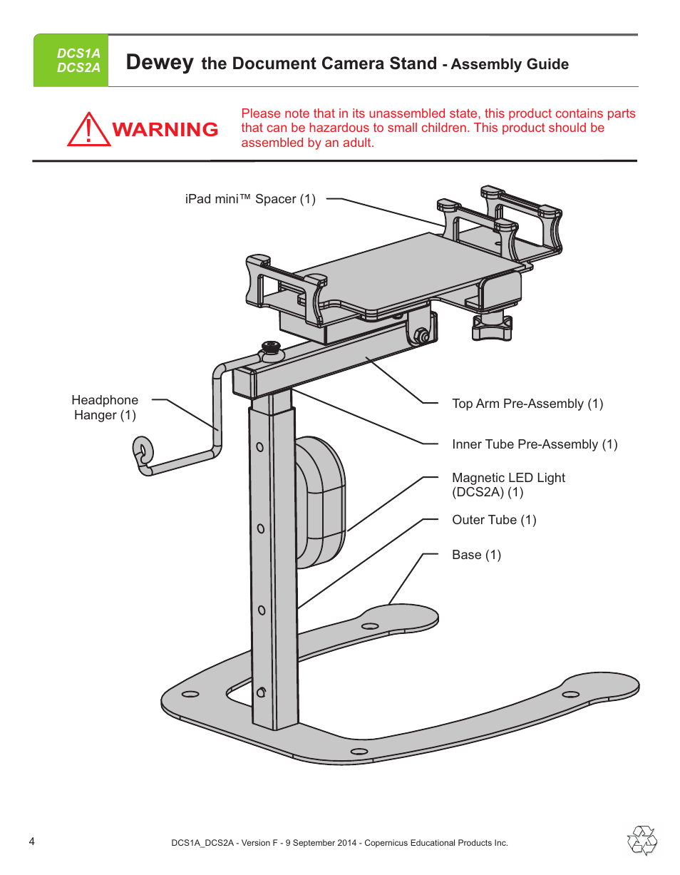 Dewey, Warning | Copernicus DCS2A User Manual | Page 4 / 14