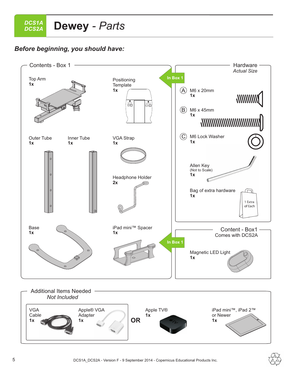 Dewey - parts, Before beginning, you should have | Copernicus DCS2A User Manual | Page 5 / 14