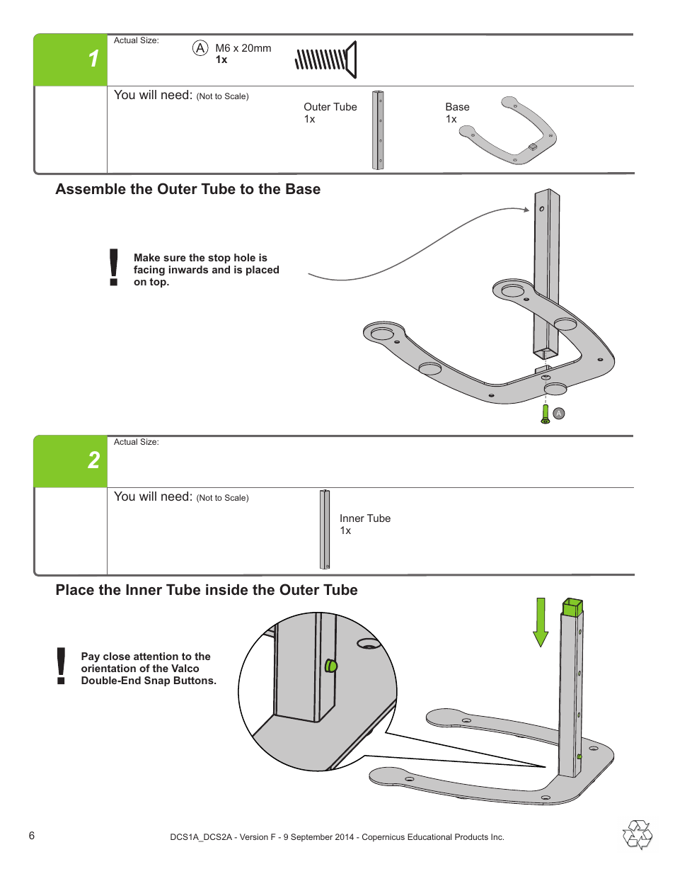 Place the inner tube inside the outer tube, Assemble the outer tube to the base | Copernicus DCS2A User Manual | Page 6 / 14