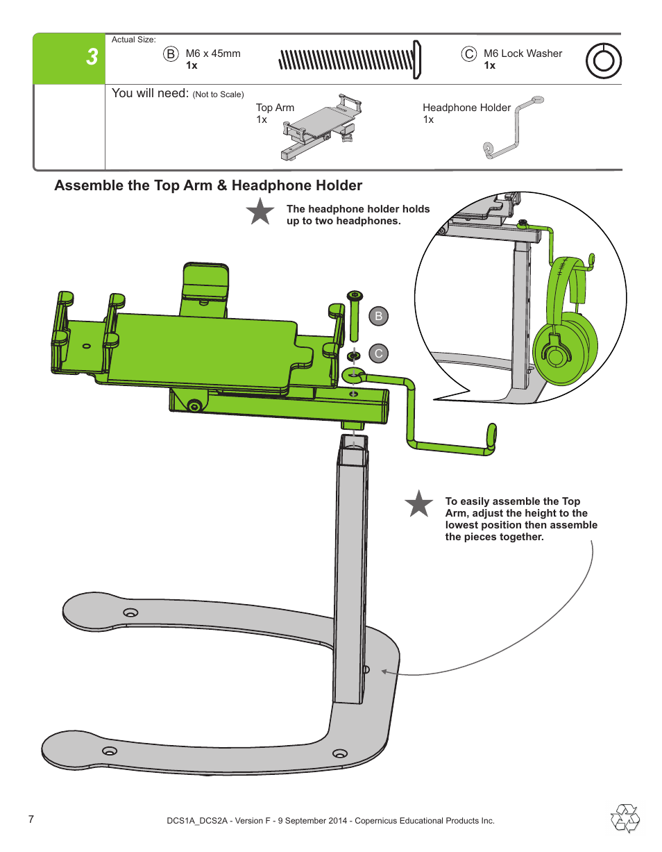 Assemble the top arm & headphone holder | Copernicus DCS2A User Manual | Page 7 / 14
