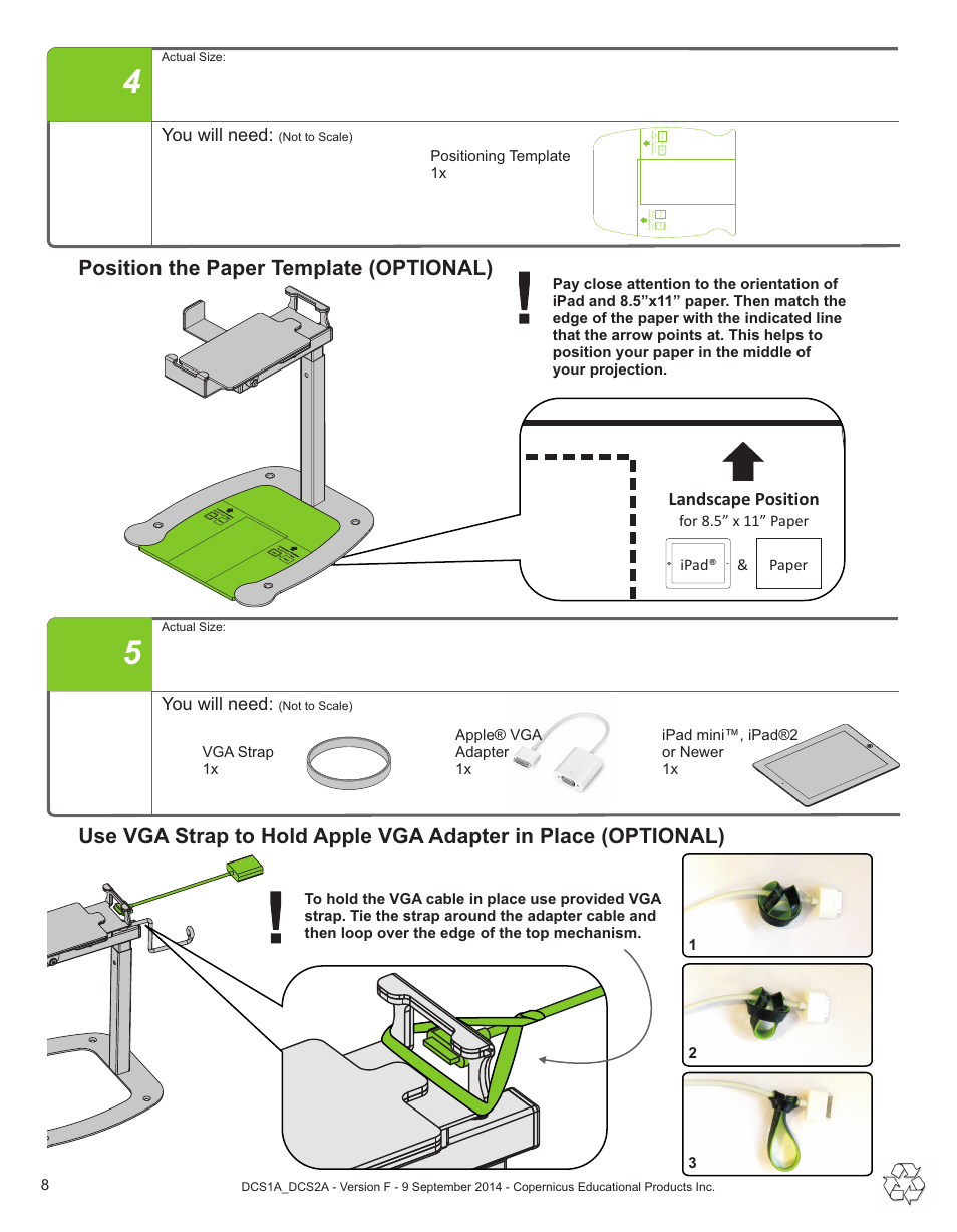 Position the paper template (optional), You will need, Landscape position | For 8.5” x 11” paper ipad® & paper, Positioning template 1x, Not to scale) actual size | Copernicus DCS2A User Manual | Page 8 / 14