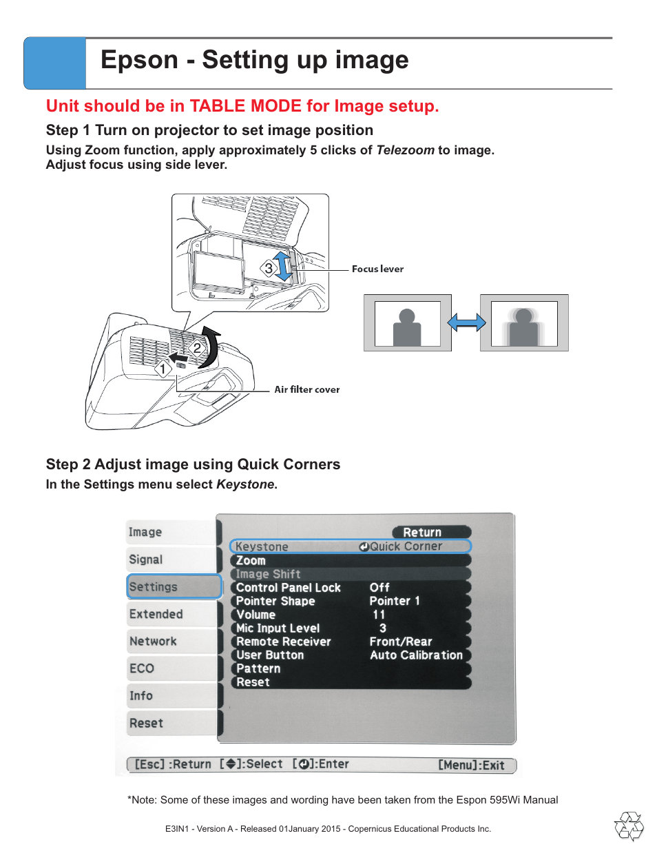 Epson - setting up image | Copernicus E3IN1 User Manual | Page 10 / 19