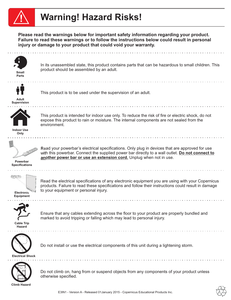 Warning - colour, Warning! hazard risks | Copernicus E3IN1 User Manual | Page 2 / 19