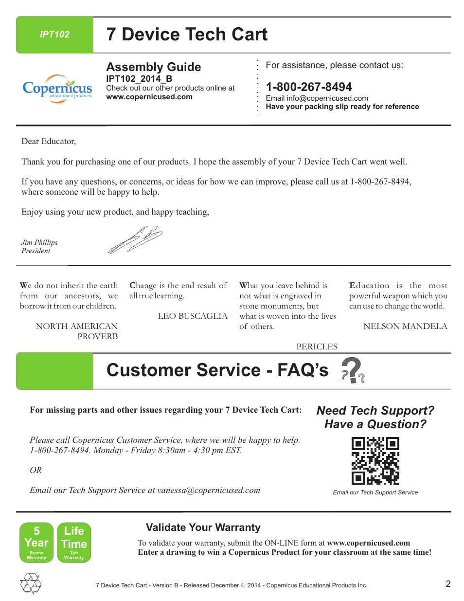 Customer service - faq’s, 7 device tech cart, Assembly guide | Need tech support? have a question | Copernicus IPT102 User Manual | Page 2 / 14