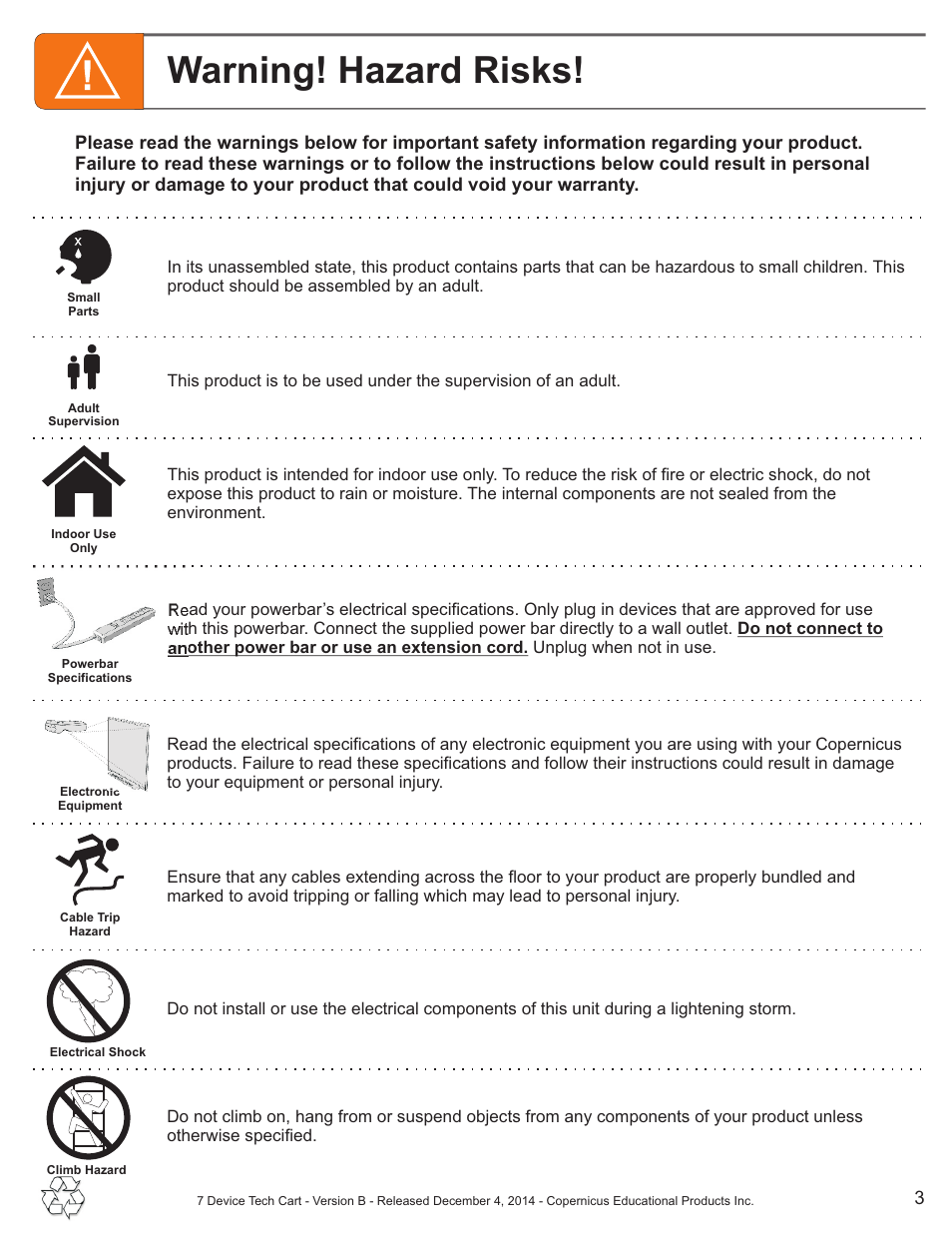 Warning - colour, Warning! hazard risks | Copernicus IPT102 User Manual | Page 3 / 14