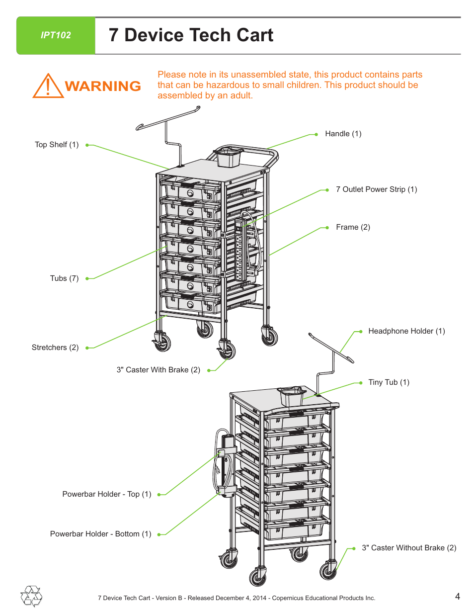 7 device tech cart, Warning | Copernicus IPT102 User Manual | Page 4 / 14