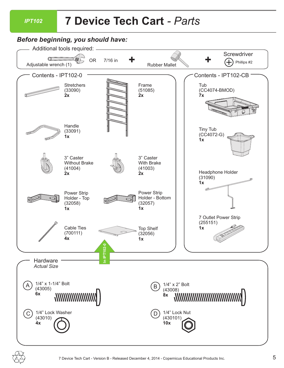 Parts list, 7 device tech cart - parts, Before beginning, you should have | Copernicus IPT102 User Manual | Page 5 / 14