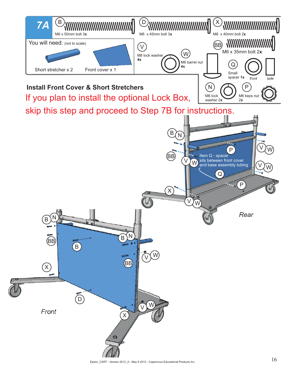 Install front cover & short stretchers, Front, Rear | Copernicus IR400 User Manual | Page 16 / 51