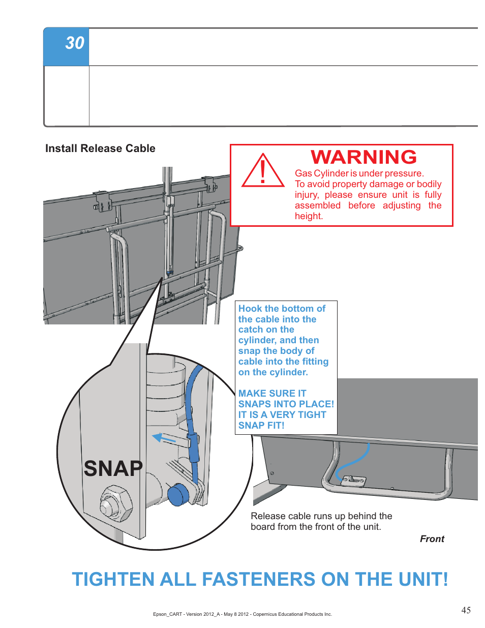 Snap, Tighten all fasteners on the unit, Warning | Copernicus IR400 User Manual | Page 45 / 51