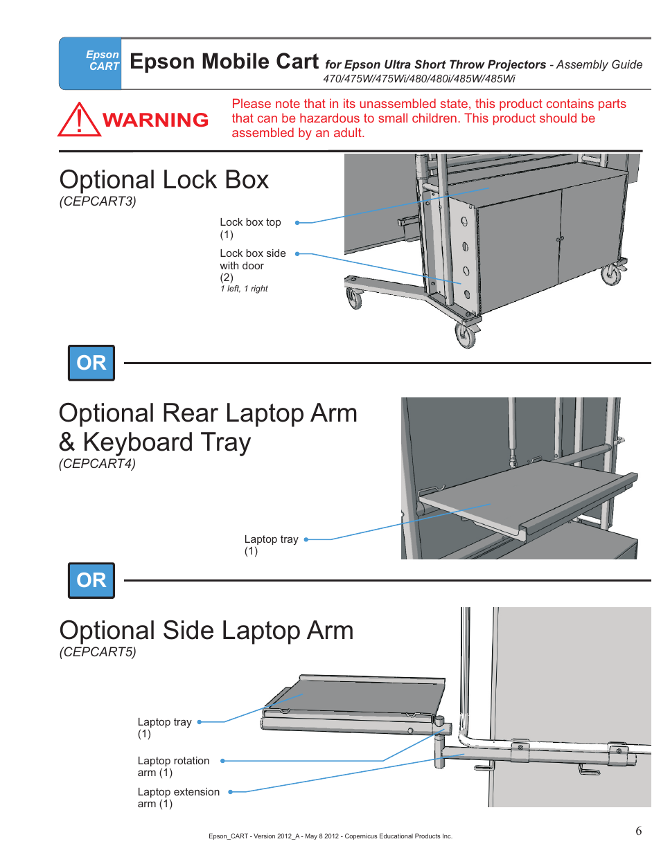 Options - part callout, Optional lock box, Optional side laptop arm | Optional rear laptop arm & keyboard tray, Epson mobile cart, Warning | Copernicus IR400 User Manual | Page 6 / 51