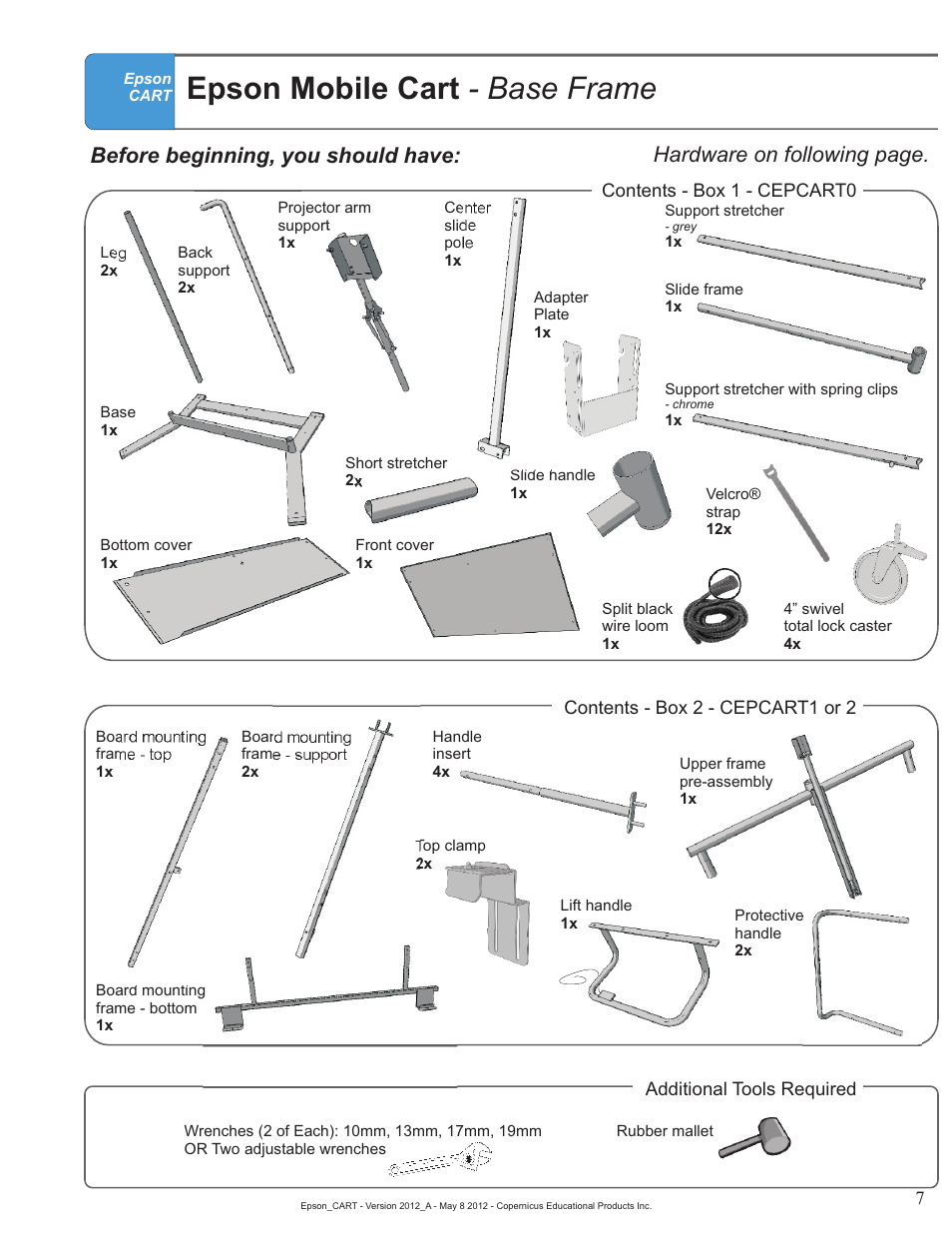 Base parts, Epson mobile cart - base frame, Before beginning, you should have | Hardware on following page | Copernicus IR400 User Manual | Page 7 / 51