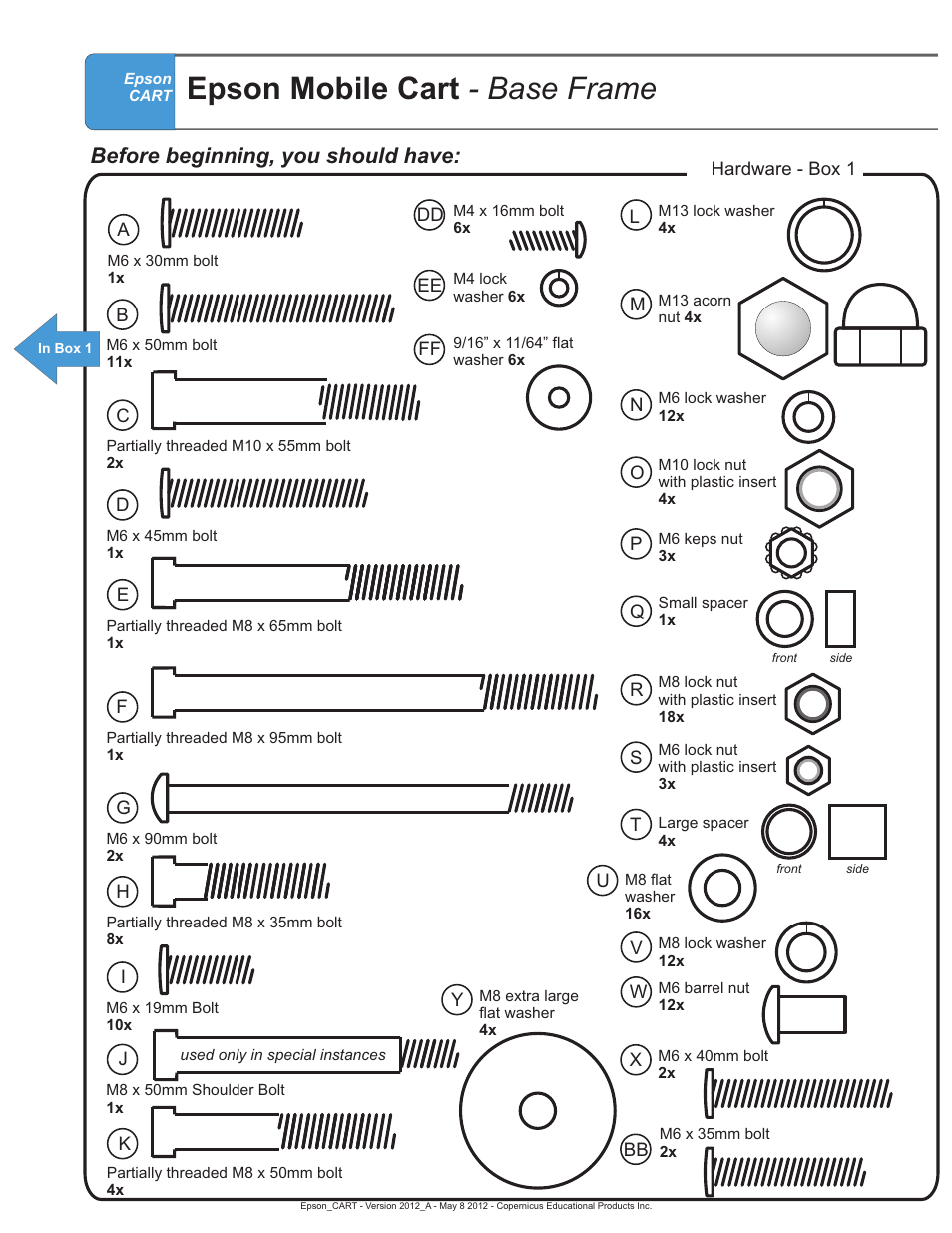 Base hw, Epson mobile cart - base frame, Before beginning, you should have | Copernicus IR400 User Manual | Page 8 / 51