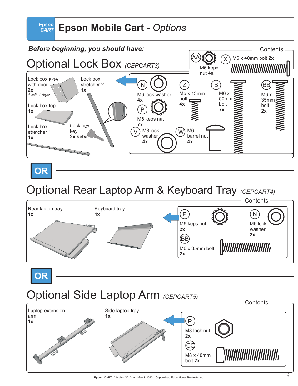 Options parts, Optional lock box, Optional side laptop arm | Optional, Rear laptop arm & keyboard tray, Epson mobile cart - options | Copernicus IR400 User Manual | Page 9 / 51