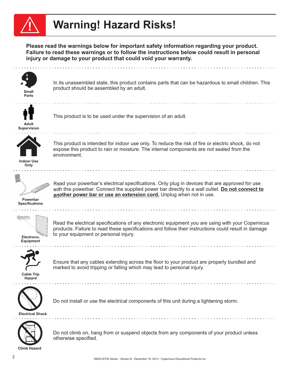 Warning! hazard risks | Copernicus IS702 User Manual | Page 2 / 40