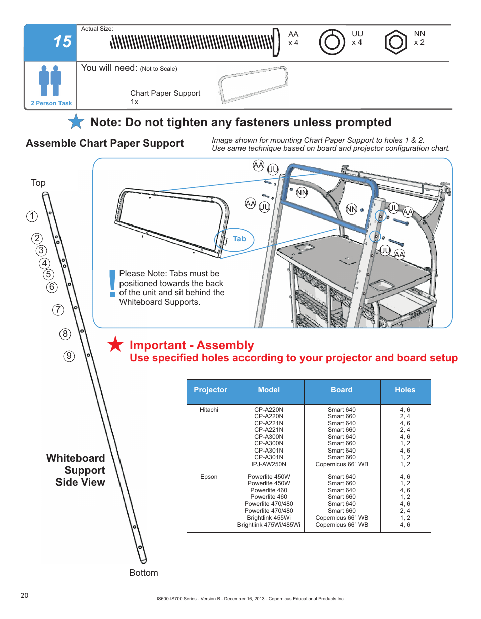 Important - assembly, Assemble chart paper support, Whiteboard support side view | Copernicus IS702 User Manual | Page 20 / 40