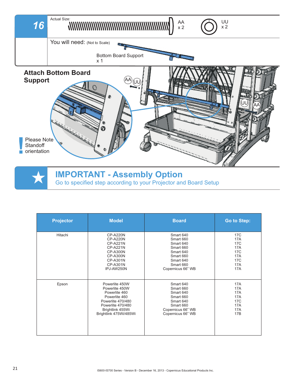 Important - assembly option, Attach bottom board support | Copernicus IS702 User Manual | Page 21 / 40