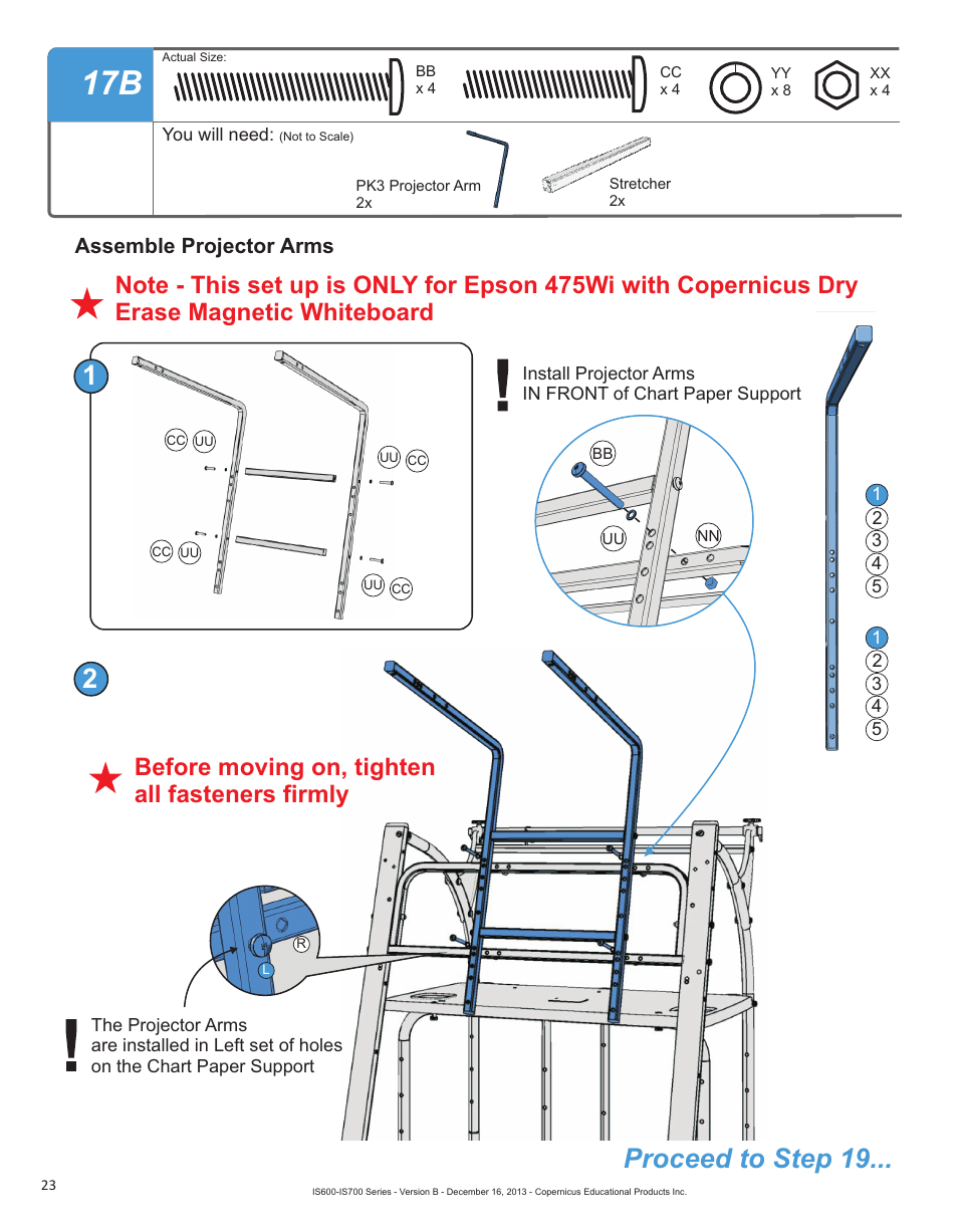 Proceed to step 19, Before moving on, tighten all fasteners firmly, Assemble projector arms | Copernicus IS702 User Manual | Page 23 / 40