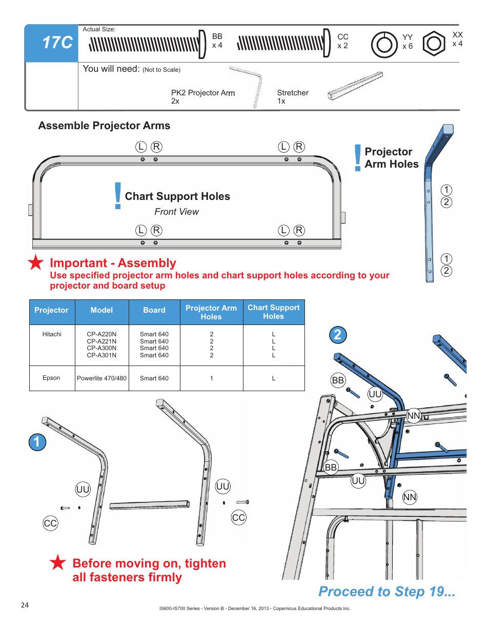 Proceed to step 19, Before moving on, tighten all fasteners firmly, Important - assembly | Copernicus IS702 User Manual | Page 24 / 40