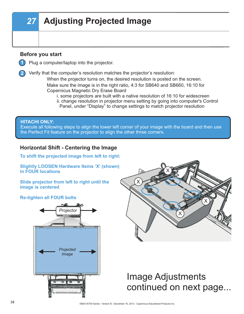 Image adjustments continued on next page, Adjusting projected image | Copernicus IS702 User Manual | Page 38 / 40