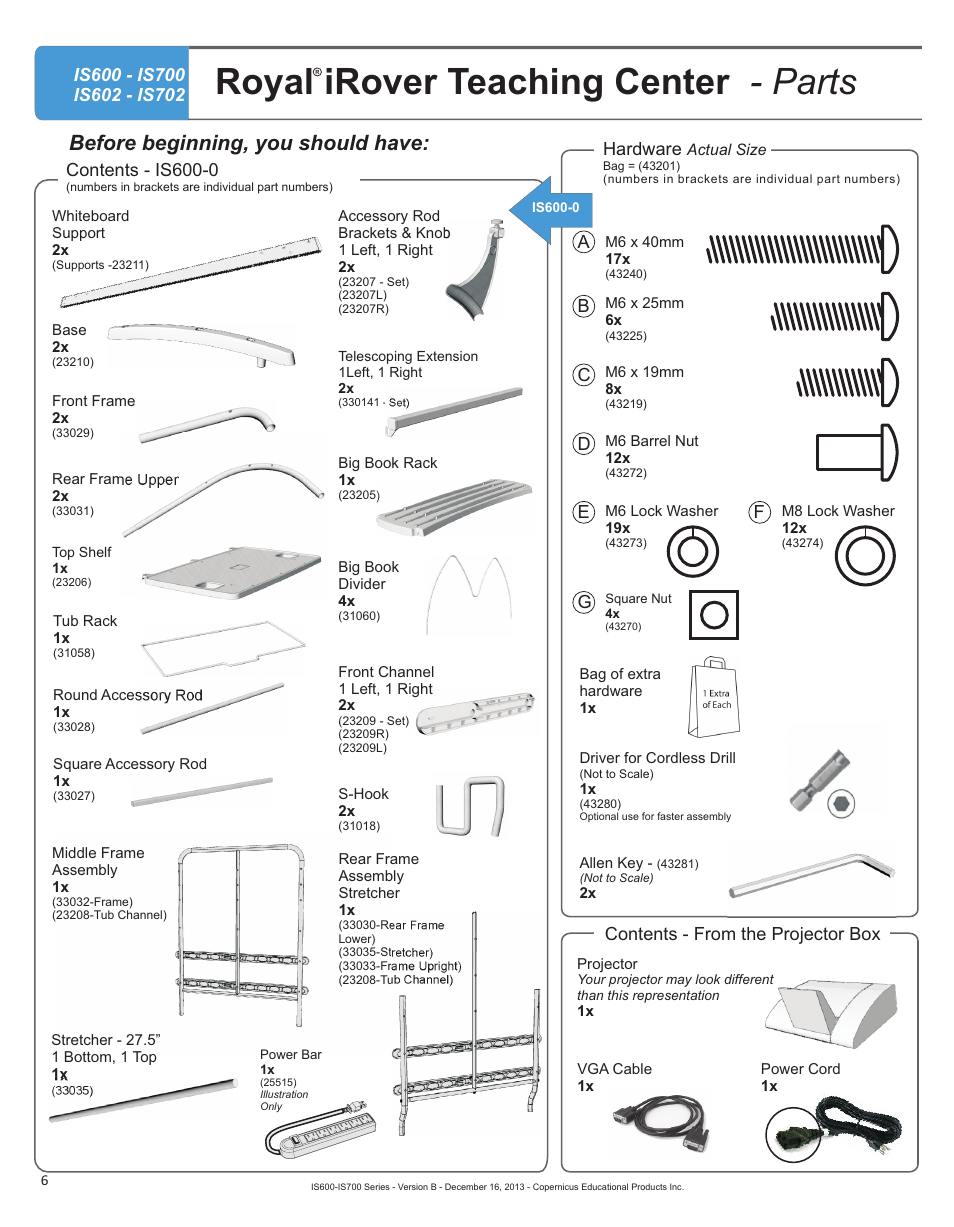 Royal irover teaching center - parts, Before beginning, you should have, Contents - is600-0 | Hardware, Contents - from the projector box | Copernicus IS702 User Manual | Page 6 / 40