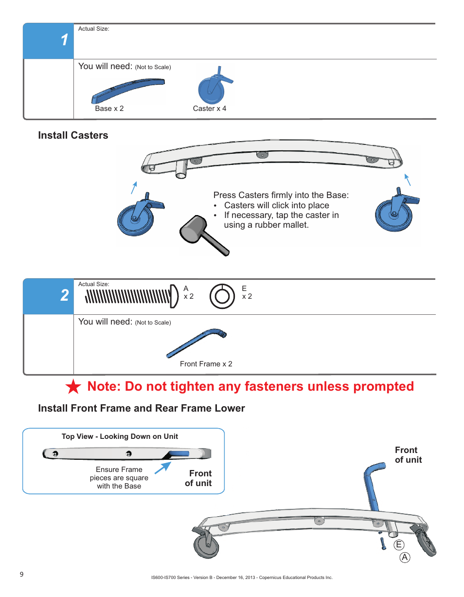 Install casters, Install front frame and rear frame lower | Copernicus IS702 User Manual | Page 9 / 40