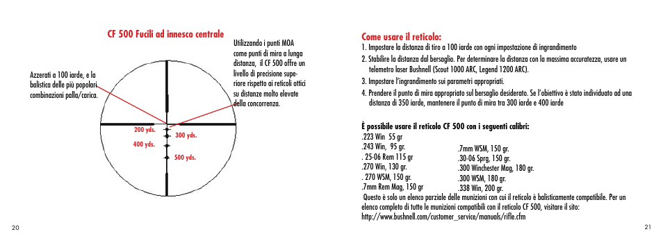 Cf 500 fucili ad innesco centrale, Come usare il reticolo | Bushnell CF 500 User Manual | Page 11 / 14