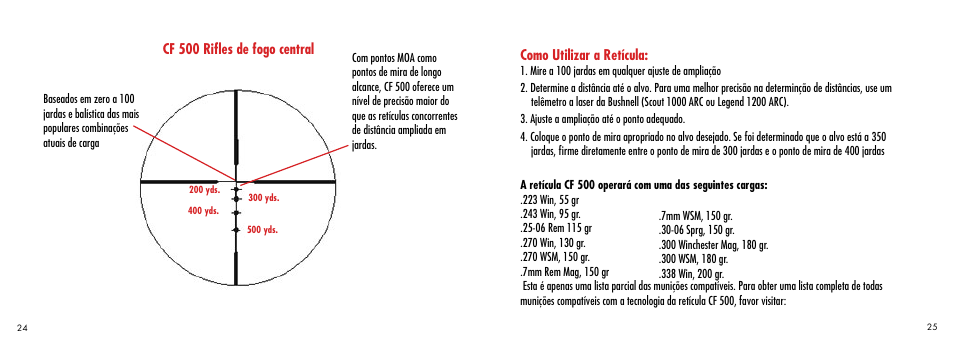 Cf 500 rifles de fogo central, Como utilizar a retícula | Bushnell CF 500 User Manual | Page 13 / 14