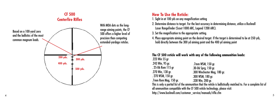 Cf 500 centerfire rifles, How to use the reticle | Bushnell CF 500 User Manual | Page 3 / 14