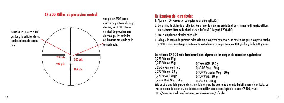 Cf 500 rifles de percusión central, Utilización de la retícula | Bushnell CF 500 User Manual | Page 7 / 14