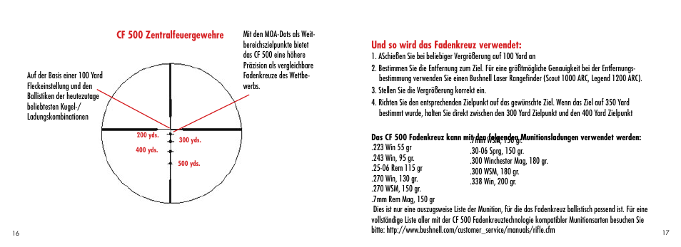 Cf 500 zentralfeuergewehre, Und so wird das fadenkreuz verwendet | Bushnell CF 500 User Manual | Page 9 / 14