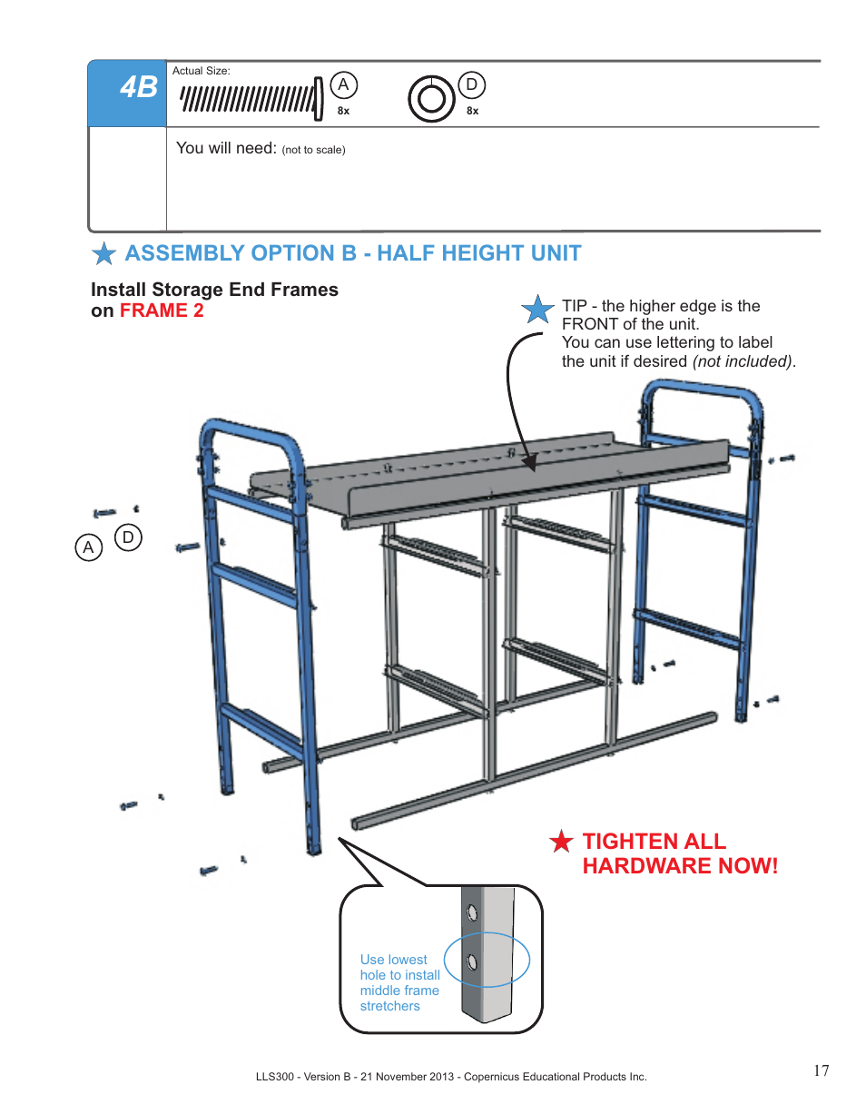 Assembly option b - half height unit, Tighten all hardware now | Copernicus LLS300 User Manual | Page 17 / 19