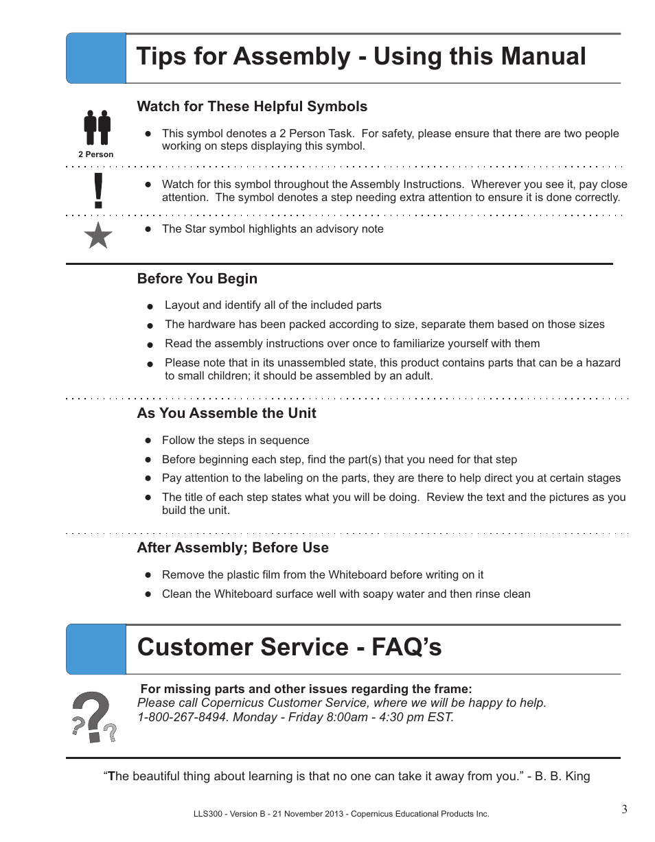 Customer service - faq’s, Tips for assembly - using this manual | Copernicus LLS300 User Manual | Page 3 / 19