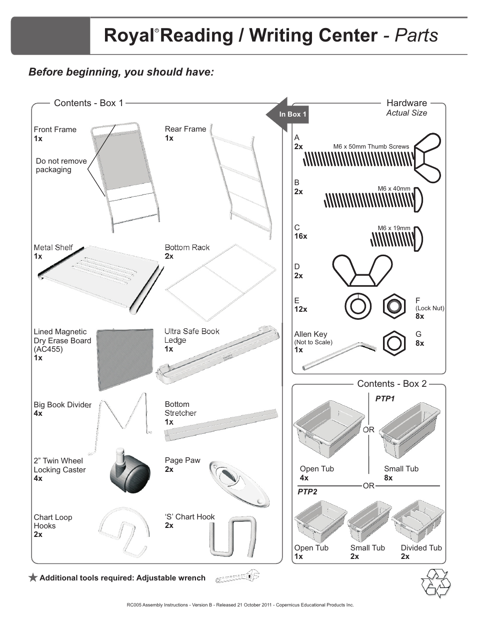 Parts list, Royal reading / writing center - parts, Before beginning, you should have | Copernicus RC005 User Manual | Page 2 / 7