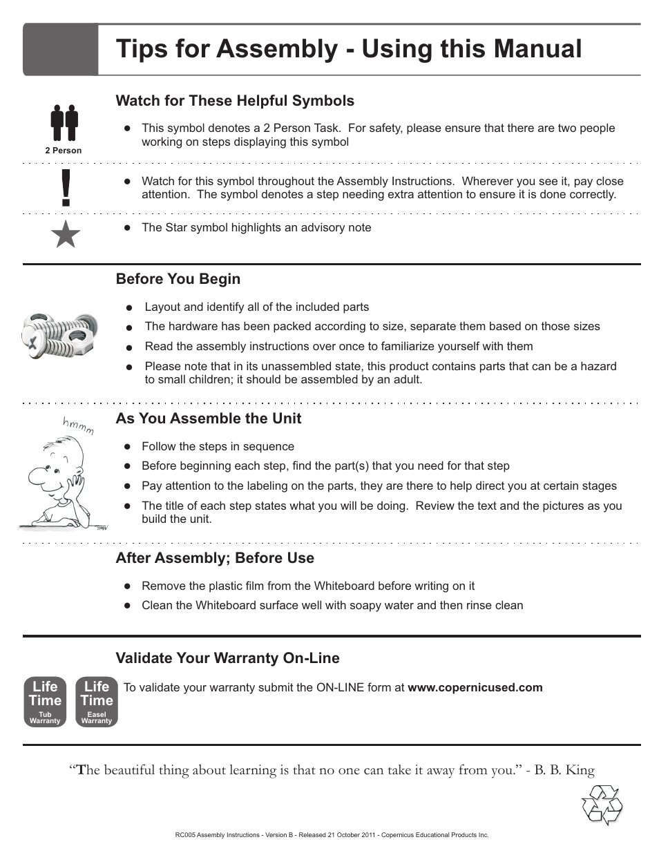 Tips, Tips for assembly - using this manual, After assembly; before use | Validate your warranty on-line, Life, Time, Life time | Copernicus RC005 User Manual | Page 3 / 7