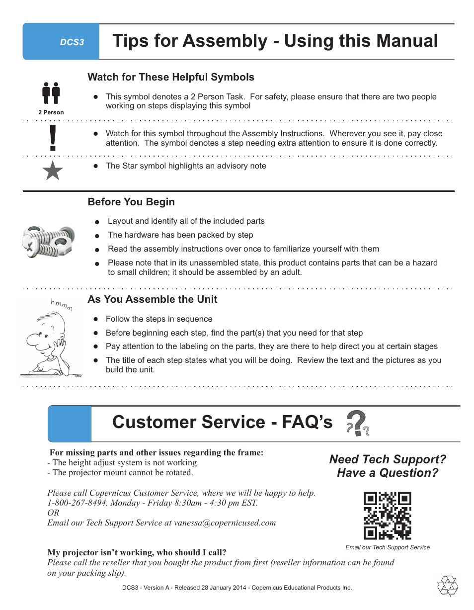 Customer service - faq’s, Tips for assembly - using this manual, Need tech support? have a question | Copernicus RC110 User Manual | Page 2 / 4
