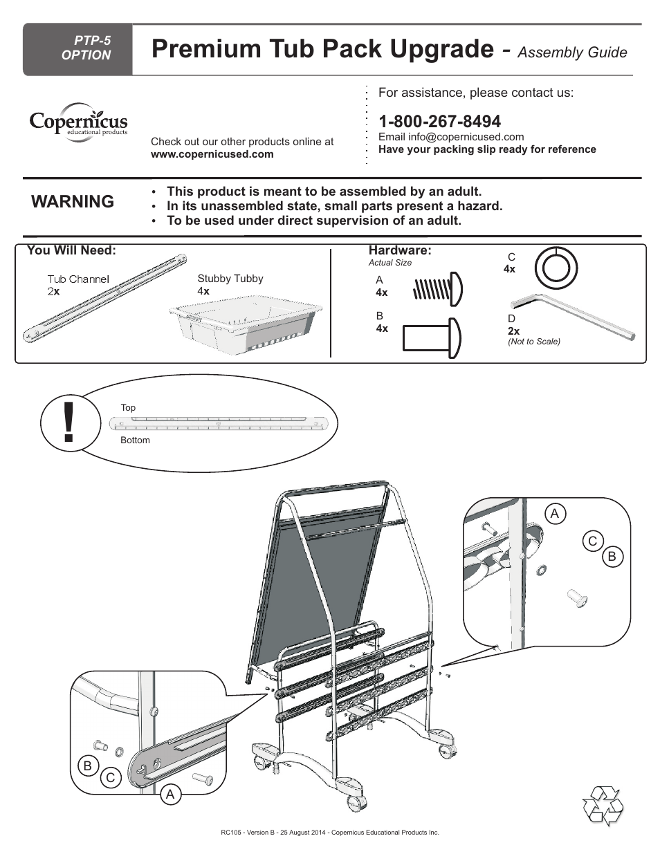 Ptp-5 option, Premium tub pack upgrade, Warning | Copernicus RC105-ECO1 User Manual | Page 11 / 11
