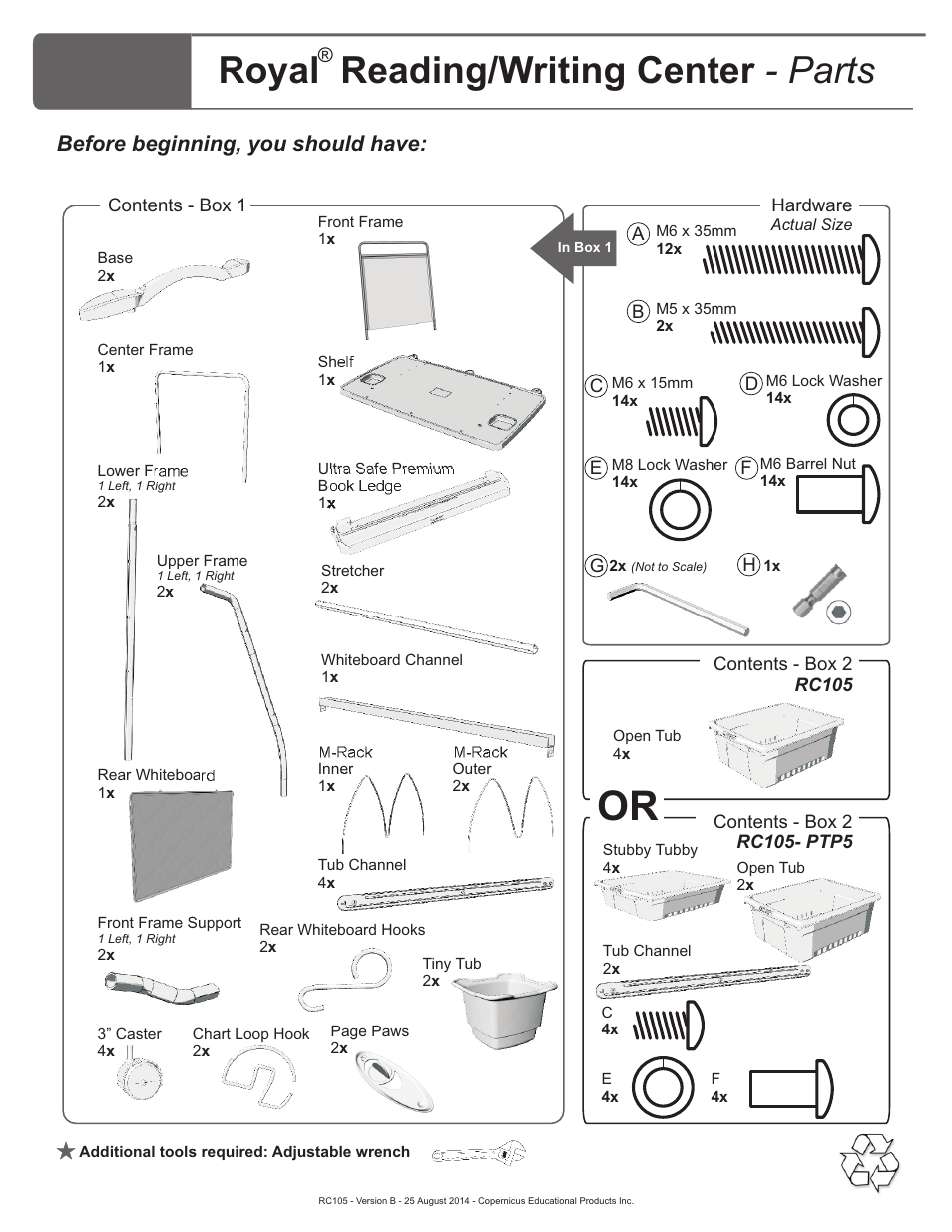 Parts list, Royal reading/writing center - parts, Before beginning, you should have | Copernicus RC105-ECO1 User Manual | Page 2 / 11