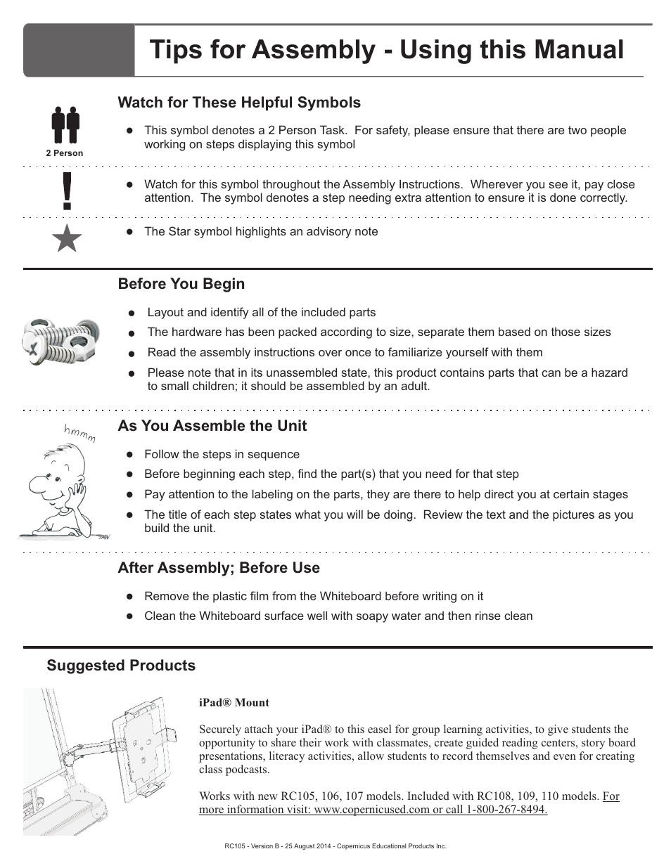 Tips for assembly - using this manual, After assembly; before use, Suggested products | Copernicus RC105-ECO1 User Manual | Page 3 / 11