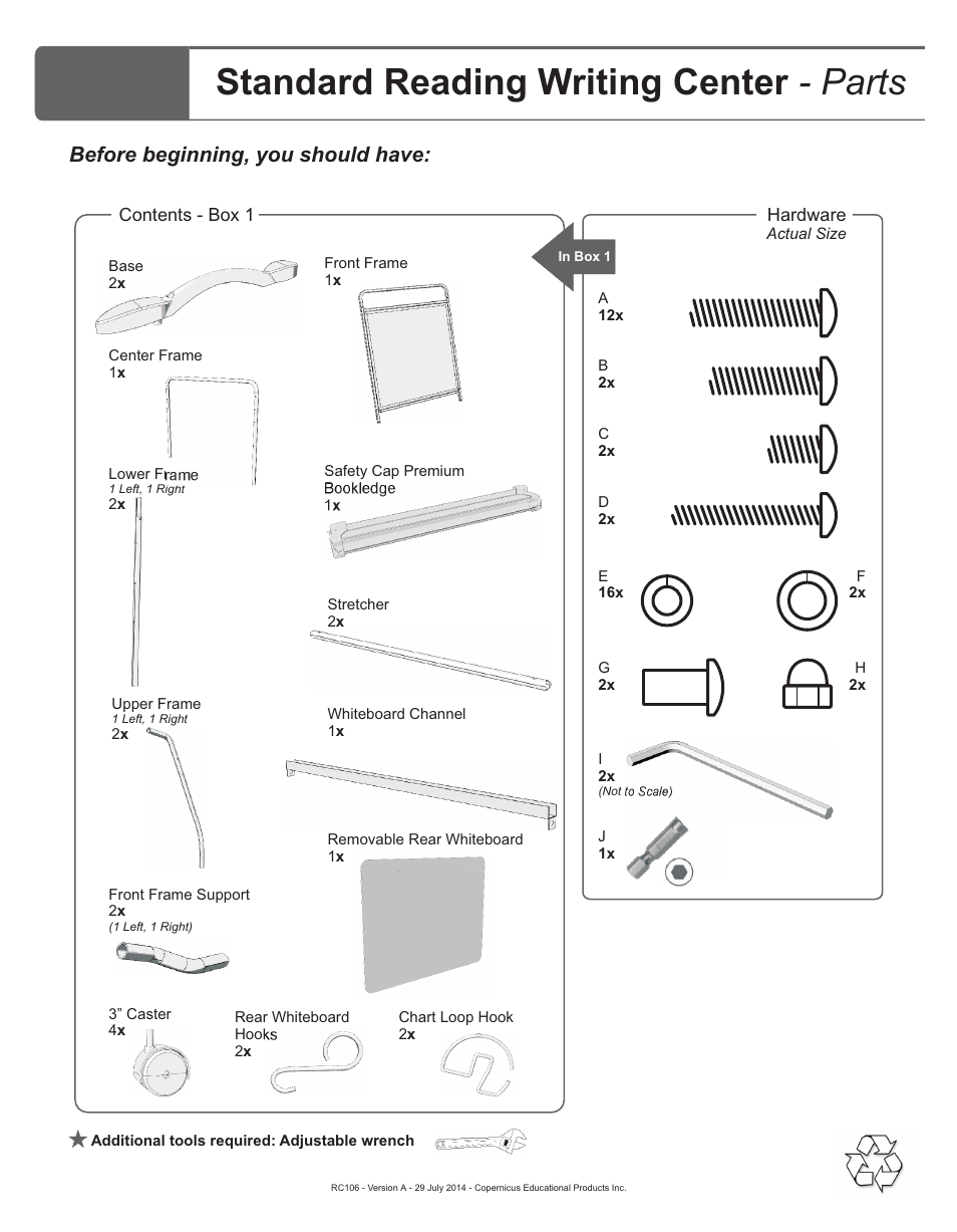 Standard reading writing center - parts, Before beginning, you should have | Copernicus RC106 User Manual | Page 2 / 9