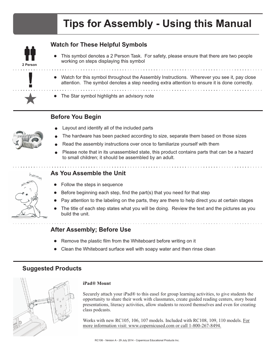 Tips for assembly - using this manual, After assembly; before use, Suggested products | Copernicus RC106 User Manual | Page 3 / 9