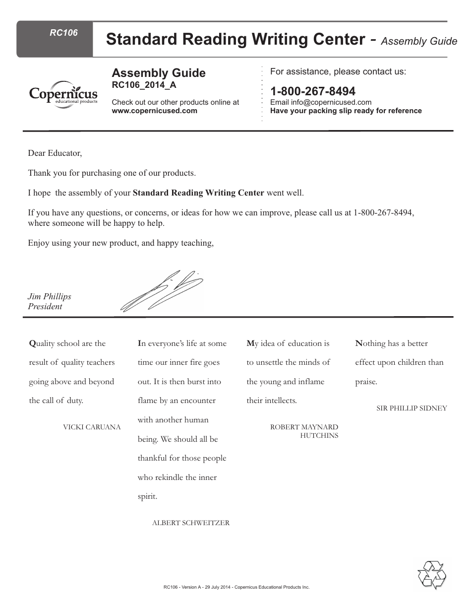 Standard reading writing center, Assembly guide | Copernicus RC106 User Manual | Page 9 / 9