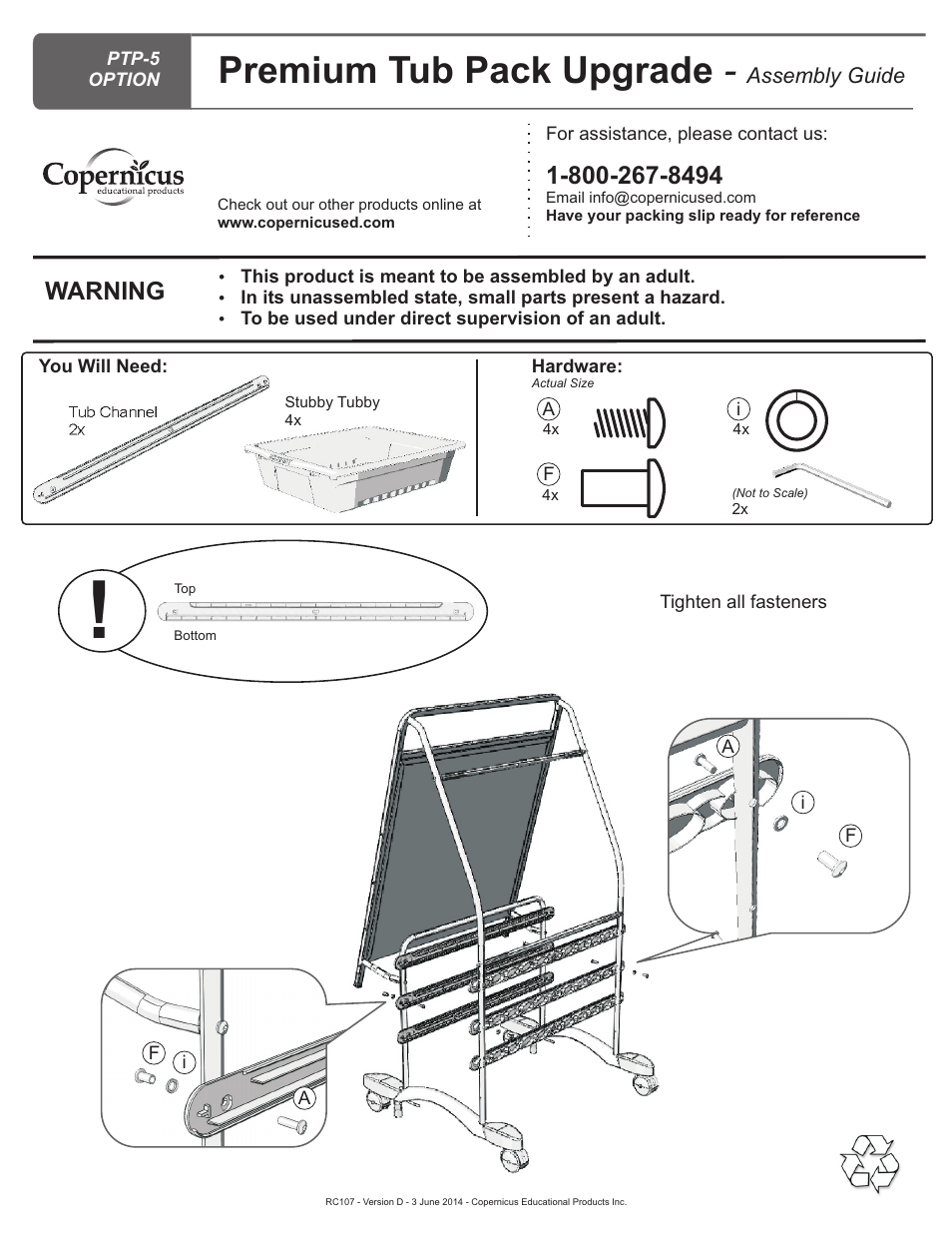 Premium tub pack upgrade, Warning | Copernicus RC107 User Manual | Page 10 / 11