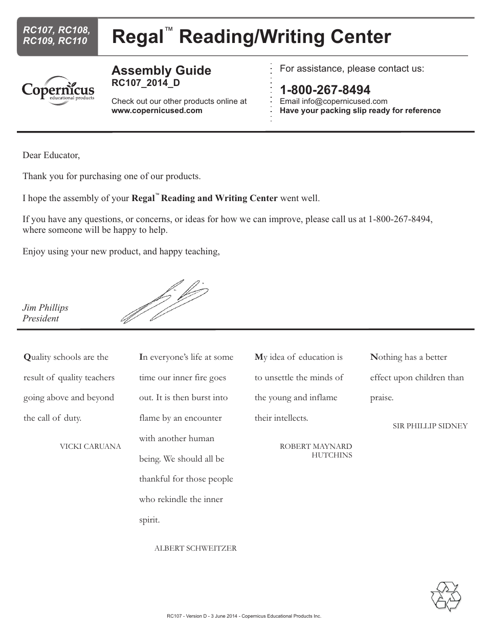 Regal reading/writing center, Assembly guide | Copernicus RC107 User Manual | Page 11 / 11