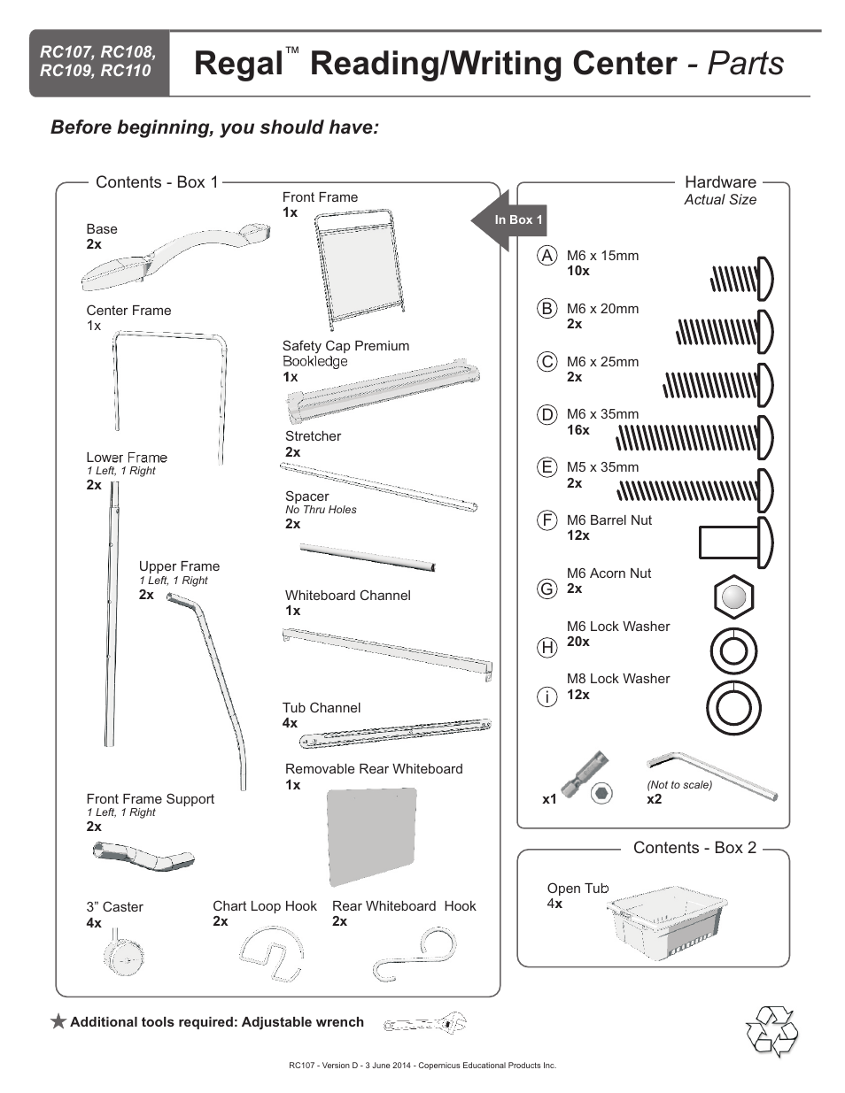 Parts list, Regal reading/writing center, Parts | Before beginning, you should have | Copernicus RC107 User Manual | Page 2 / 11