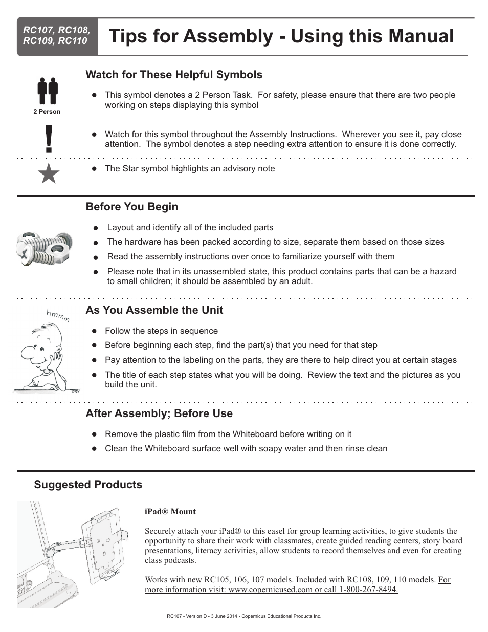 Tips for assembly - using this manual, After assembly; before use, Suggested products | Copernicus RC107 User Manual | Page 3 / 11