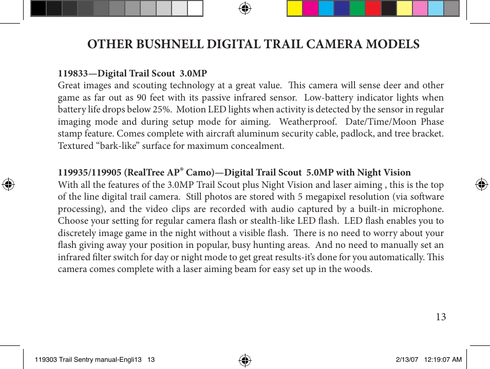 Other bushnell digital trail camera models | Bushnell 11-9303 User Manual | Page 13 / 16
